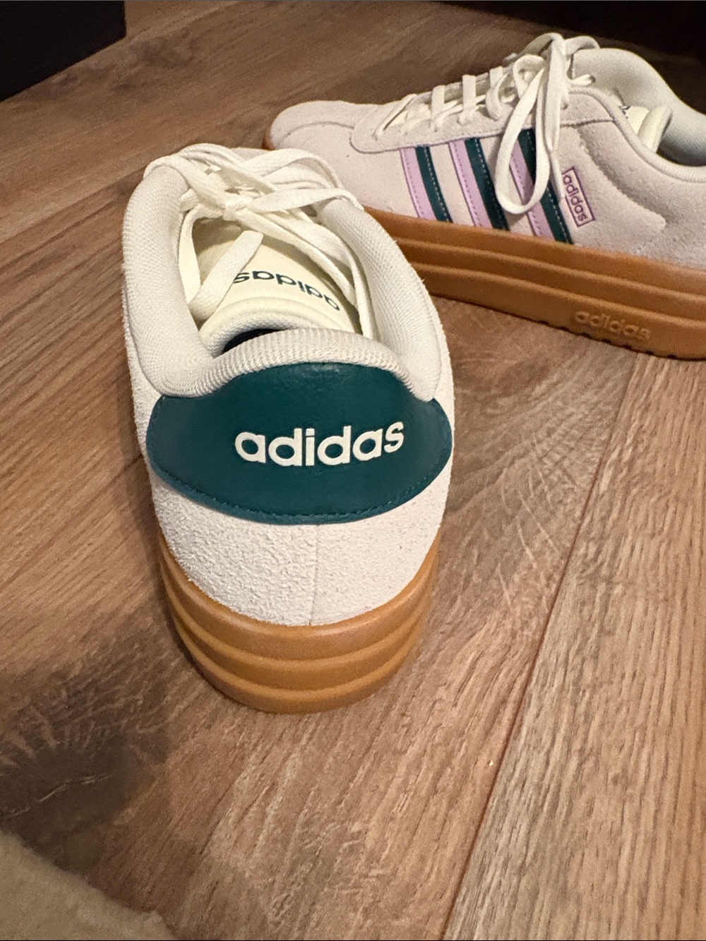 adidas Women's Off-White Suede Sneakers with Pink and Teal Stripes and Gum Sole - Picture 3 of 5